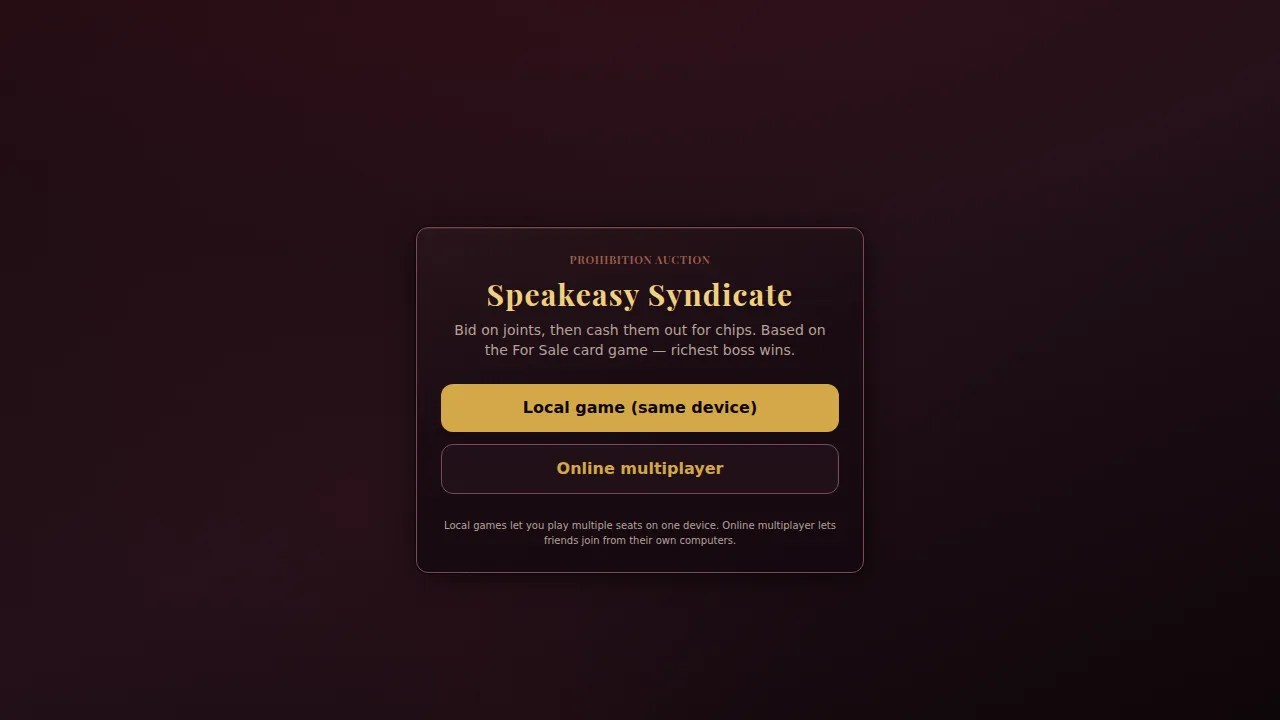 The For Sale game start screen, with local and online multiplayer options