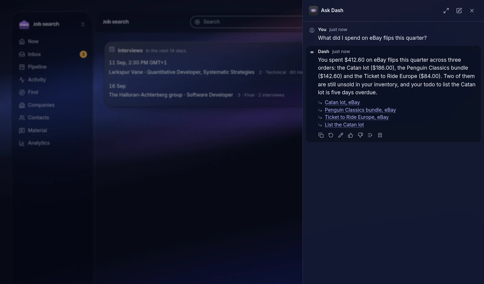 Ask Dash answering a question with links to the rows it used