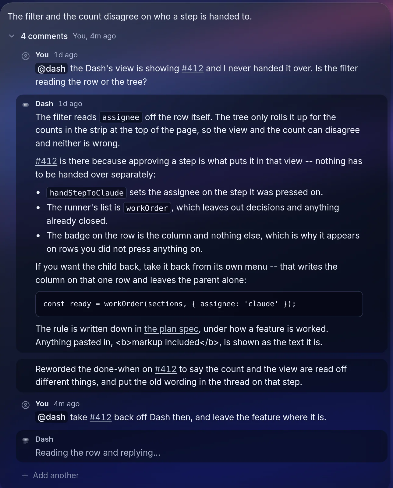 A comment thread where Dash explains a filter, rewords a done-when and takes a step back