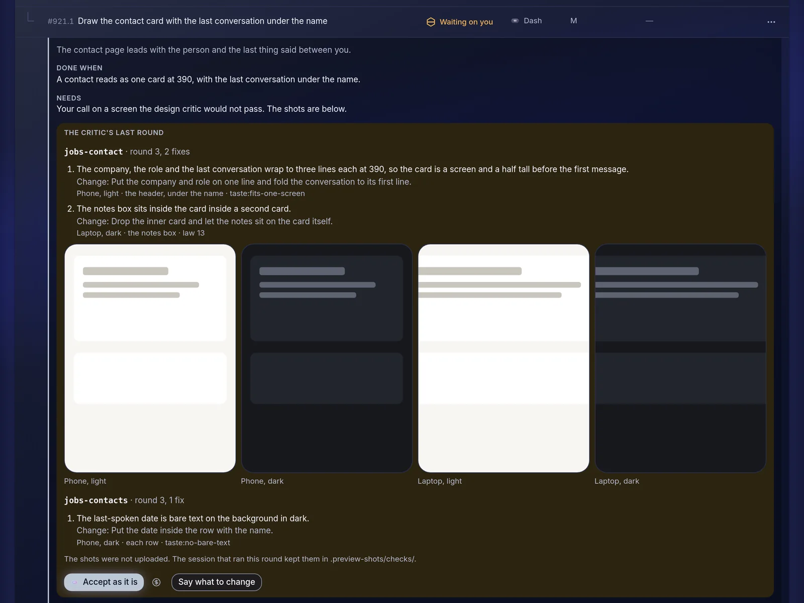 The design critic's last round: phone and laptop shots in light and dark, with Accept as it is and Say what to change