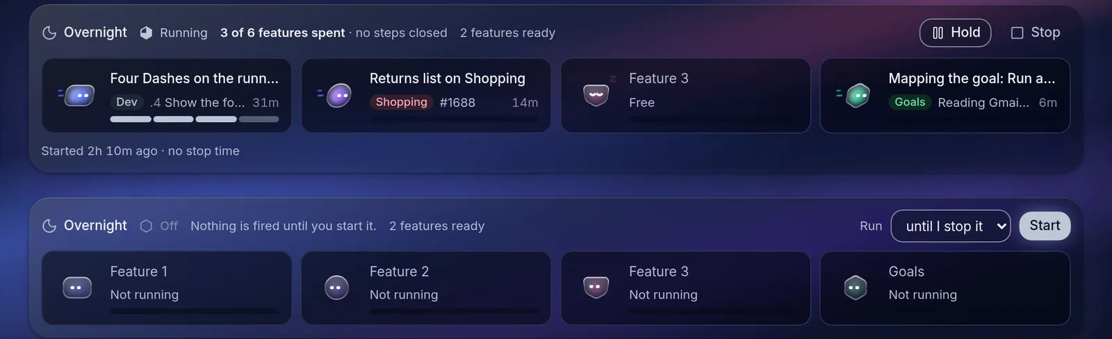 The overnight runner showing three of six features spent and four sessions working