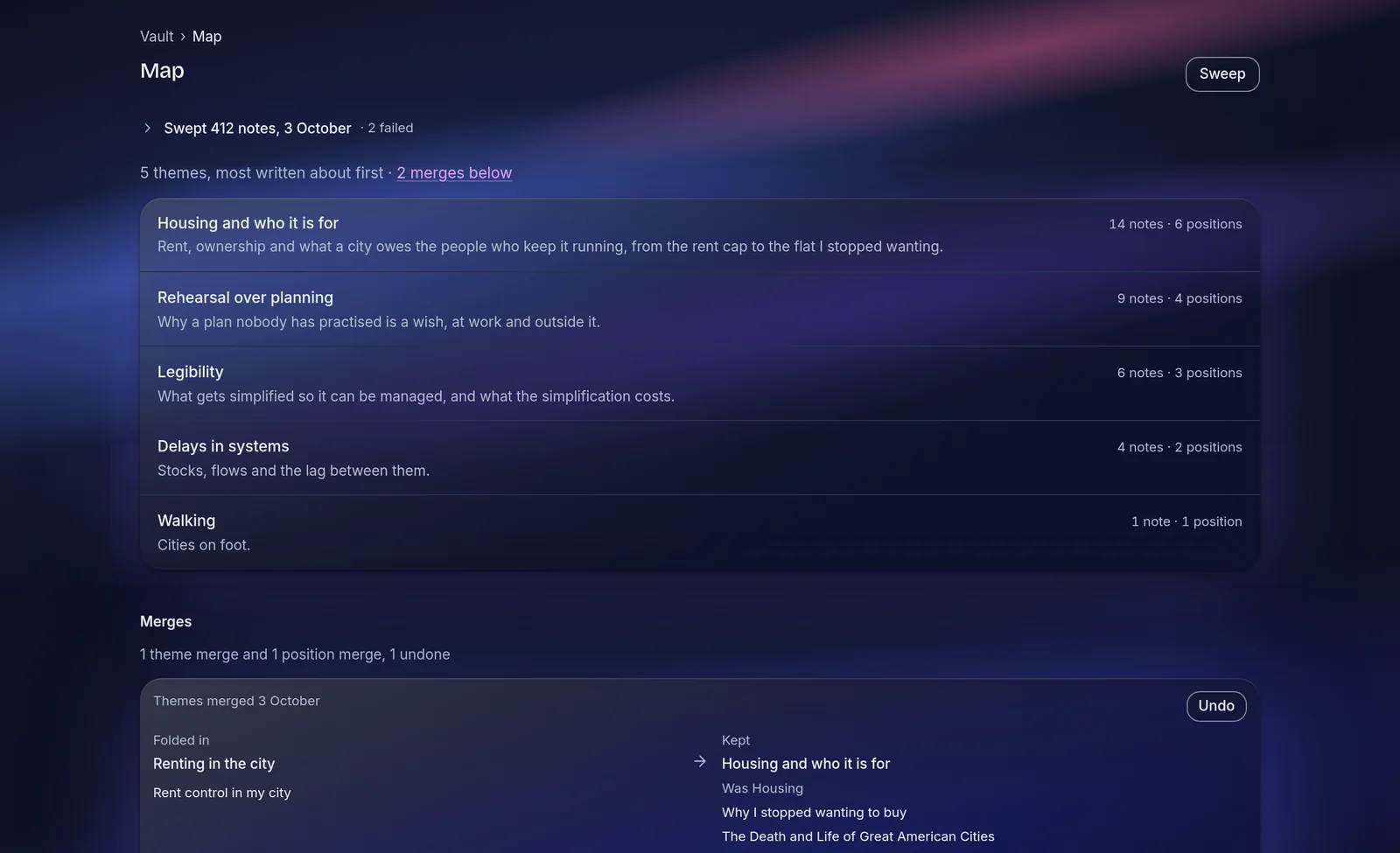 Vault theme map showing groups of notes, with suggested merges and Undo