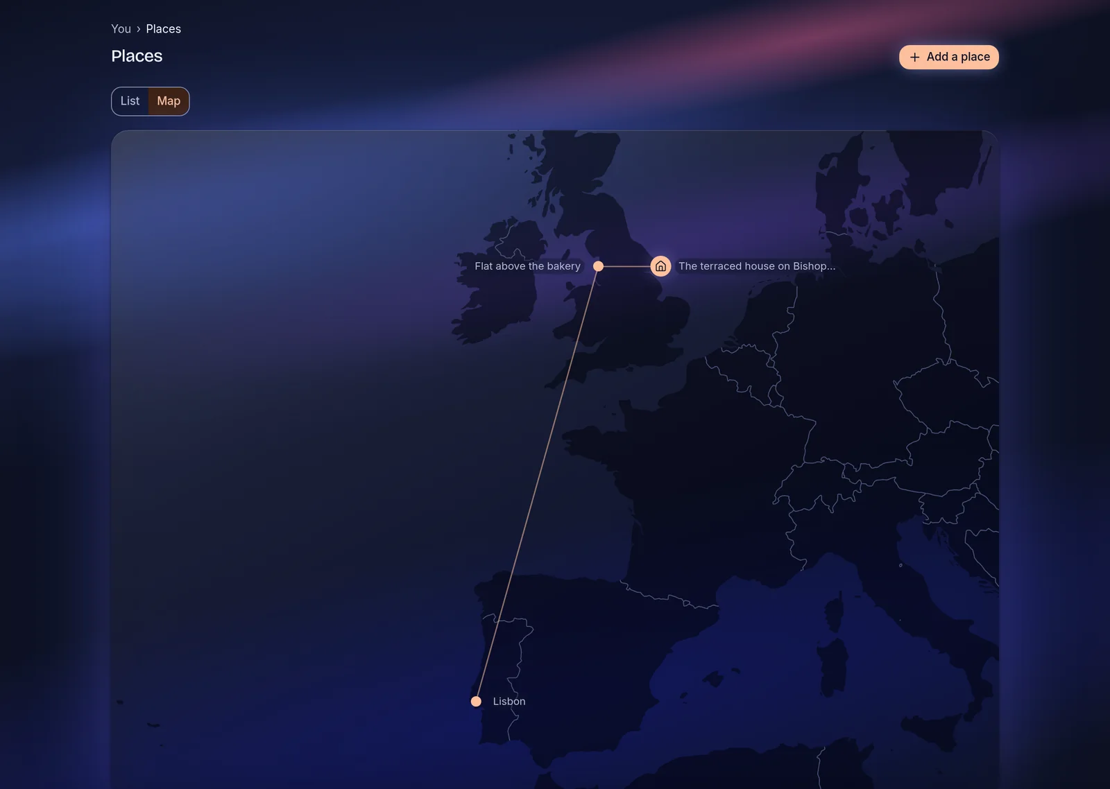 The Places tab of You, a map of places I have lived joined by a line