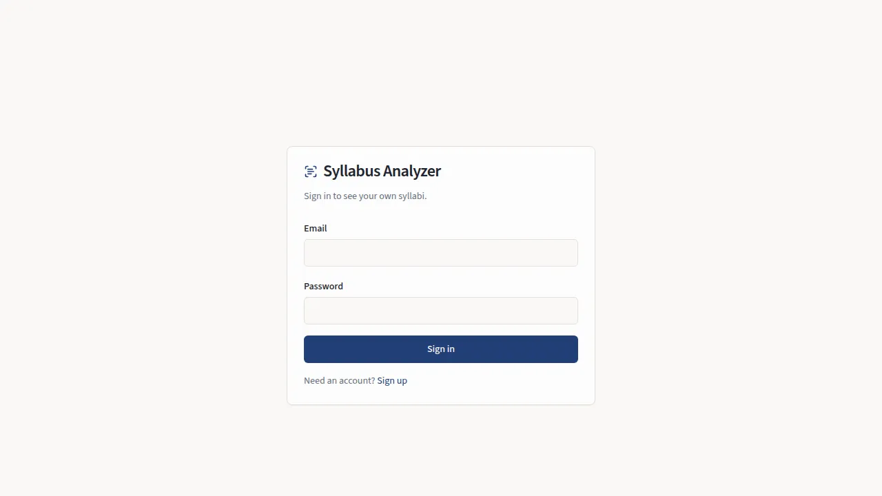 The Syllabus Analyzer sign-in screen